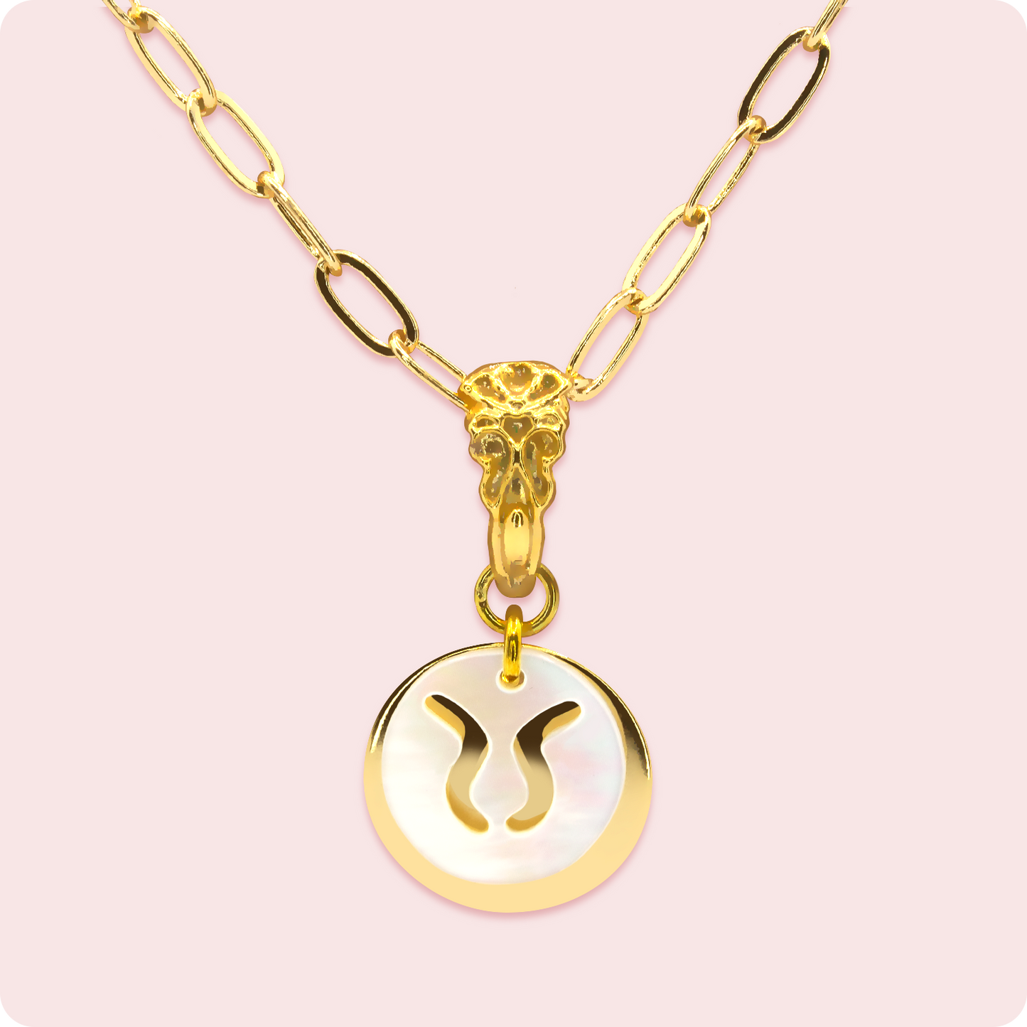 Celeste Faerie Taurus Zodiac Pearl Necklace close-up on pink background