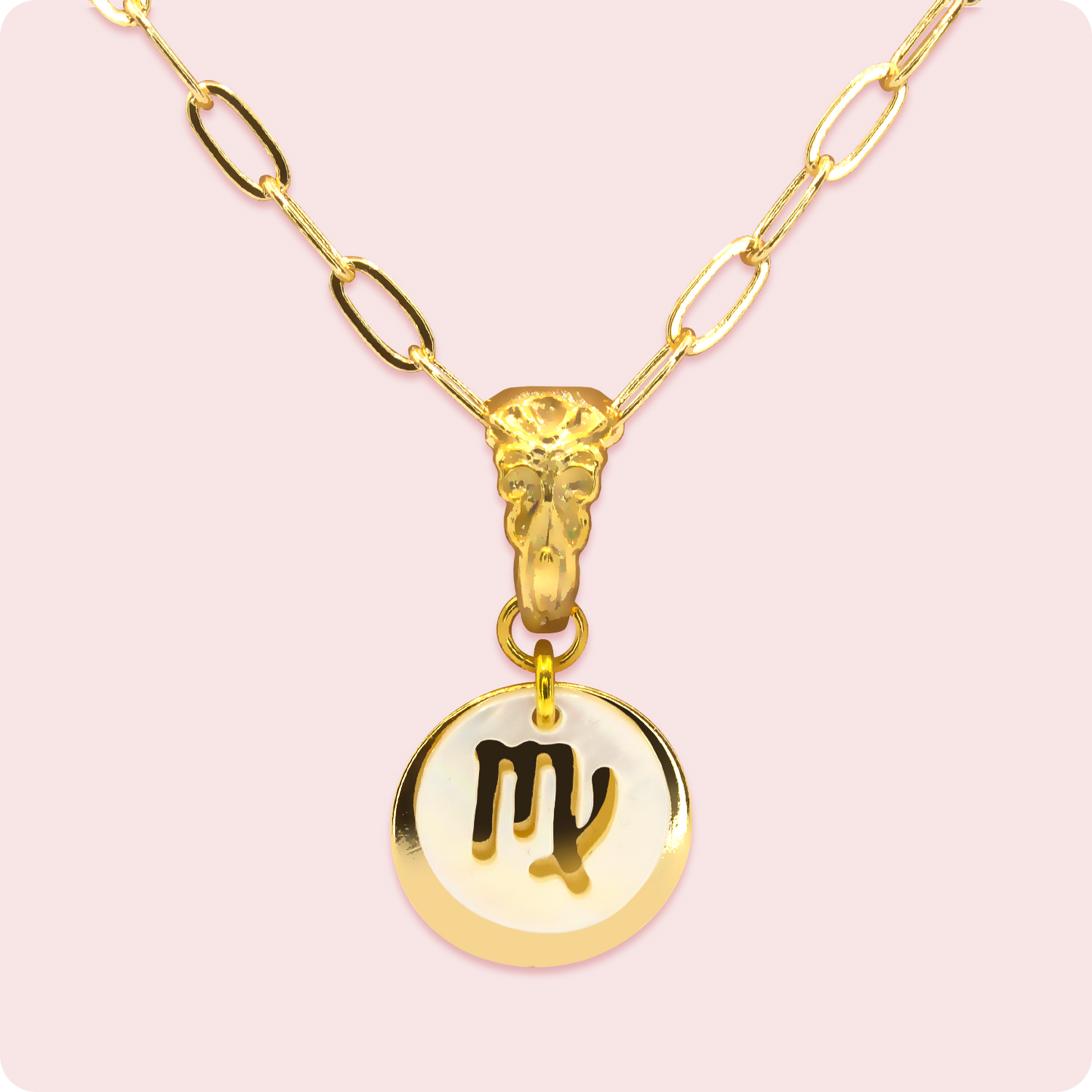 Celeste Faerie Virgo Zodiac Pearl Necklace close-up on pink background