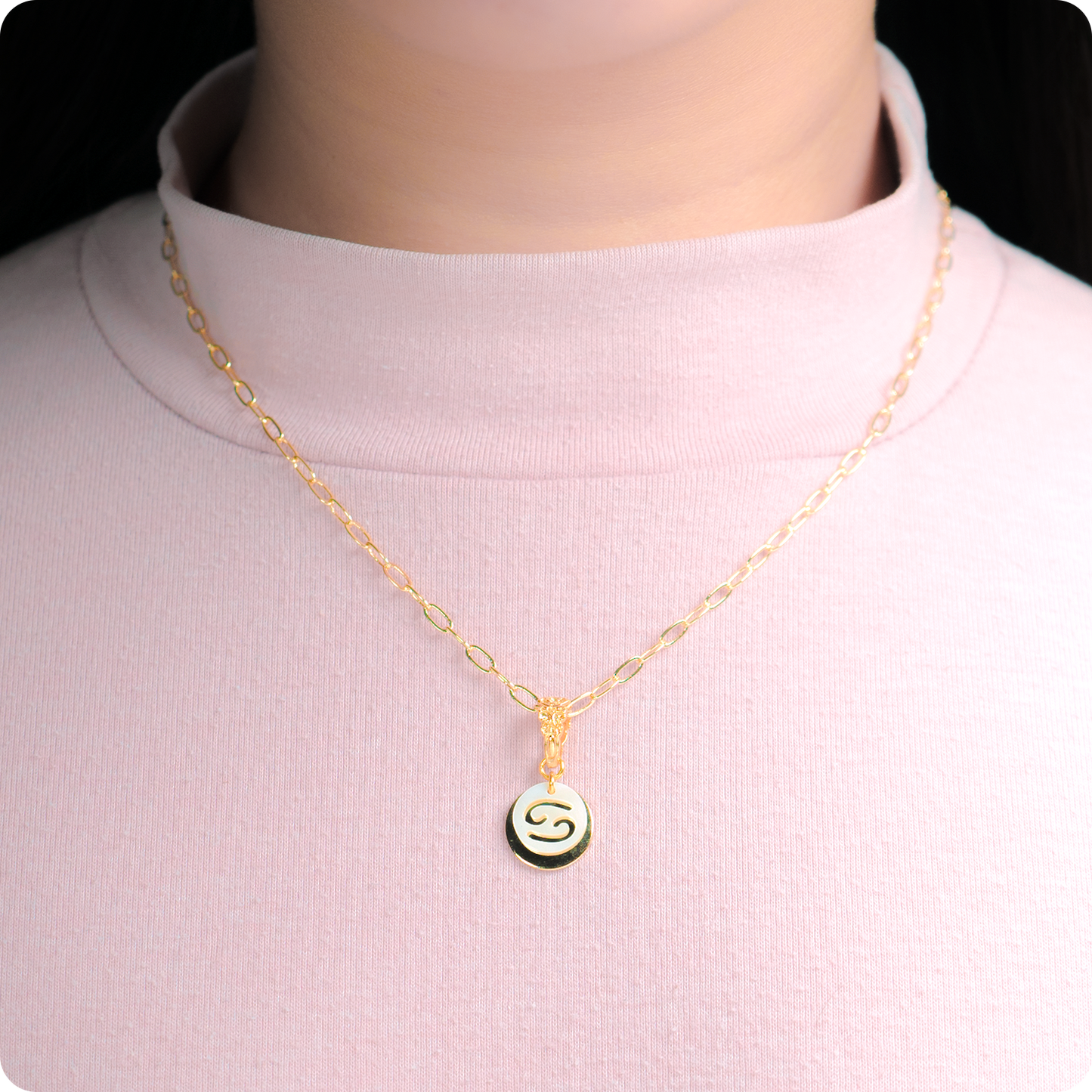 Celeste Faerie Cancer Zodiac Pearl Necklace close-up on neck